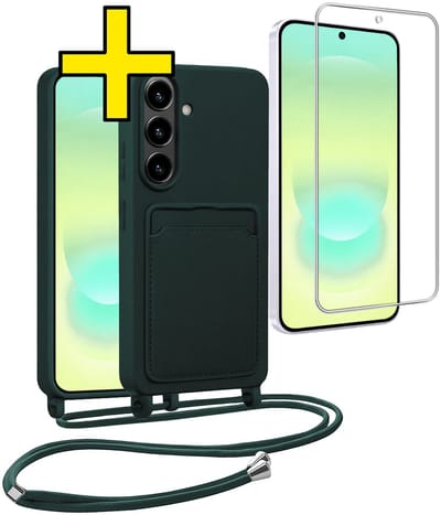 Hoesje Geschikt voor Samsung A37 Hoesje Met Koord Met Screenprotector Siliconen Case - Hoes Geschikt voor Samsung Galaxy A37 Backcover Met Afneembaar Koord - Donkergroen