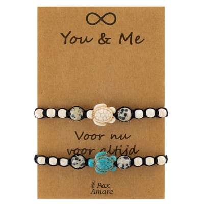 Vriendschapsarmbandjes voor 2 " You & Me ∞" - Gekleurde Schildpadjes - BFF Armbandjes met Persoonlijk Cadeau Kaartje - Blauw & Wit - Elastisch Verstelbaar - Pax Amare