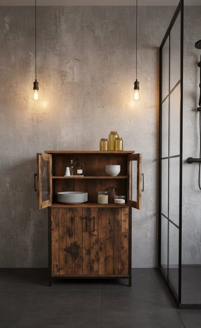 Badkamerkast / Opbergkast Industrieel – 30 x 60 x 108 cm – Verstelbare Plank – Staal & Hout – Glazen Deuren – Vintage Bruin/Zwart – Altameubel Urban Steel Serie