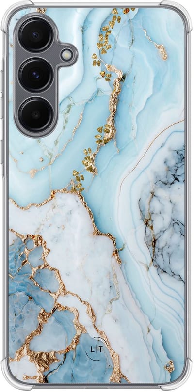 Shockproof hoesje - Geschikt voor Samsung Galaxy A35 - Marmer babyblauw - Extra sterke case - TPU/polycarbonaat - Marmer - Blauw, Transparant