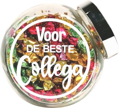 Glazen Snoeppot met deksel, gevuld met zuurtjes "Voor de beste collega" bedankje, bedankt cadeautje, afscheid