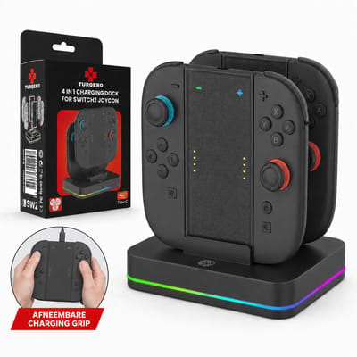 Turqero - 4-in-1 Joy-Con Oplader - Nintendo Switch 2 - met RGB Verlichting - Zwart