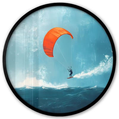 Poster in lijst Rond - Fotolijst 40x40 cm - Posters - Kitesurfer - Oranje - Zee - Lucht - Ronde posterlijst zwart - Decoratie - Wanddecoratie woonkamer - Muurdecoratie slaapkamer