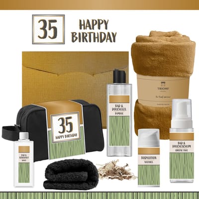 Geschenkset “35 Happy Birthday” - 7 producten - 1390 gram | Giftset voor hem - Cadeau Verjaardag Vijfendertig Man Luxe Wellness Douche Cadeaubox Gefeliciteerd Pakket Geschenk Jarige Cadeaupakket Gift Set Party Thirty-five Years Zwart Groen Goud