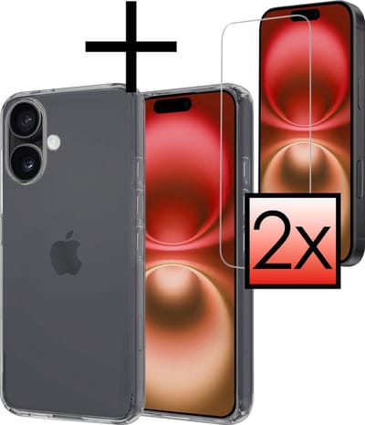 Hoesje - Met 2x Screenprotector - Geschikt voor Apple iPhone 16 - Sterk & Shockproof - Back Cover - Siliconen Case - Telefoon Hoes - Transparant