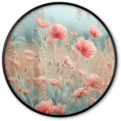 Poster in lijst Rond - Fotolijst 60x60 cm - Posters - Bloemen - Natuur - Klaprozen - Bloemenveld - Ronde posterlijst zwart - Decoratie - Wanddecoratie woonkamer - Muurdecoratie slaapkamer