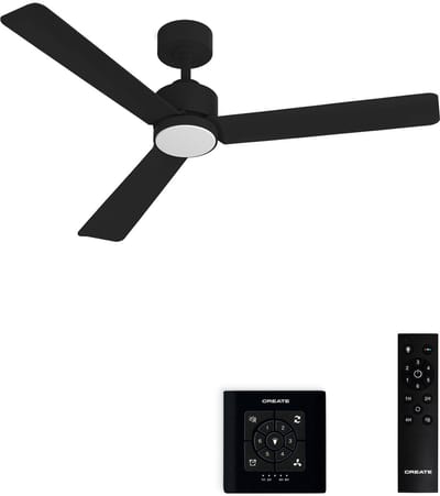 CREATE - Stille plafondventilator 40W met licht - Zwart - Ø132cm - Controller voor wandmontage + afstandsbediening - WIND MODERN
