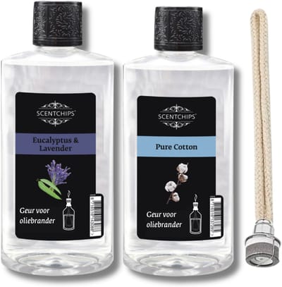 Scentchips Eucalyptus lavendel + Pure cotton + Lont - Geurolie Voor Oliebrander Set van 2 - Inclusief Geurlont - Parfum Olie - Geurolie Voor Lampenolie - Geurlamp Olie - 475ml x 2
