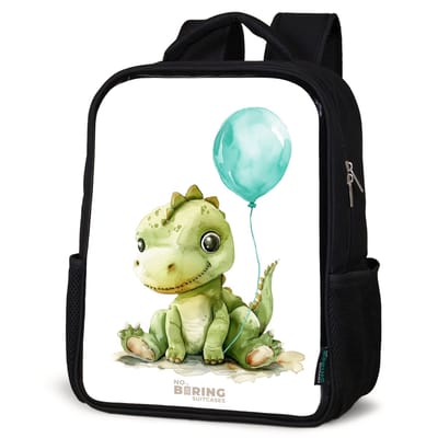 NoBoringSuitcases.com® - Rugzak zwart - Schooltas jongen & meisje - Dino met blauwe ballon - Rugtas voor school - Boekentas kind - Schoolrugzak - Kinderrugzak