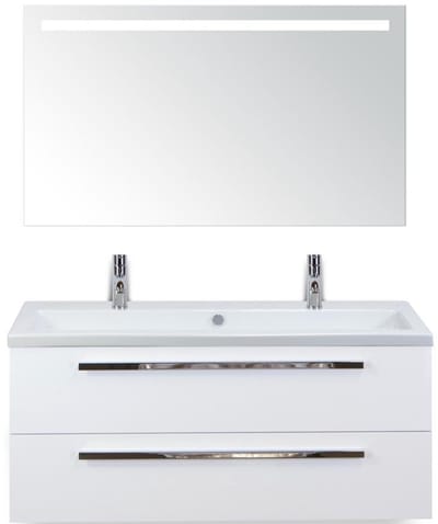 Seville Badmeubelset 120 cm - 2 Laden Wit Hoogglans - Wastafel Djazz Enkel 2 Kraangaten met Sence Spiegel