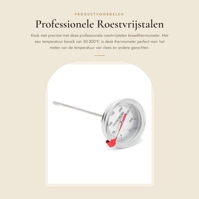 Dailygoods- Braadthermometer Professioneel - Roestvrij Staal - 30 cm - Wijzerplaat 5 cm - Temperatuurbereik 50-300℃ - Corrosiebestendig - Frituurthermometer