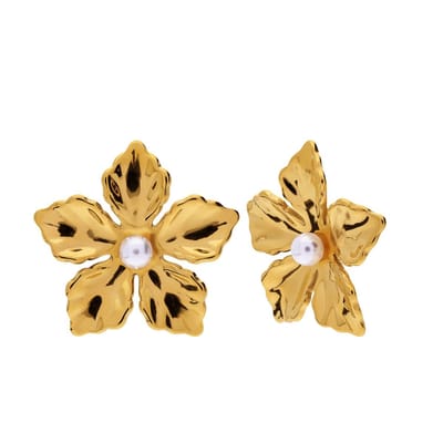 Lucardi Dames Stainless steel goldplated oorknoppen bloem parel - Oorbellen - Staal - Goudkleurig