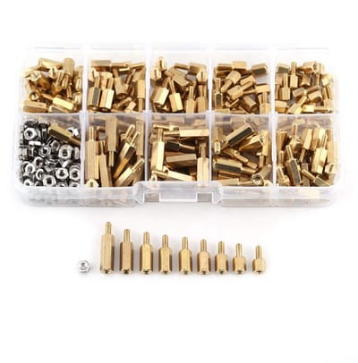 Brass Spacer en RVS Zeskantmoeren 360-Delige Set met 9 Lengtes in Plastic Opbergdoos voor Klussen en DIY-projecten