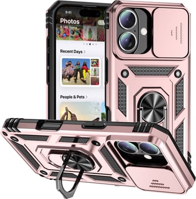 Coverup Hoesje - Geschikt voor iPhone 16 Hoesje - Coverup Ring Kickstand Back Cover met Camera Shield - Rose Gold