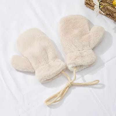 Pluchen Wanten met Teddy Voering - Wanten Kind - Kinderwanten - met Koord - 3-5 jaar - Crème/ Beige