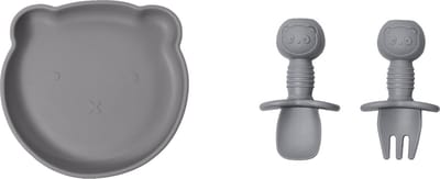 JU&MP Kinderserviesset Teddy Bear - Baby - Kinderbordje met Zuignap - Kinderbestek - Kraamcadeau - Grijs
