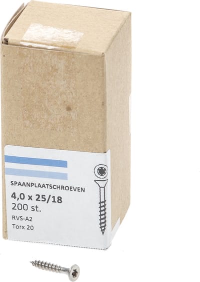 Hoenderdaal Spaanplaatschroef RVS platverzonken kop TX20 deeldraad 4.0X25/18 (per 200 stuks)