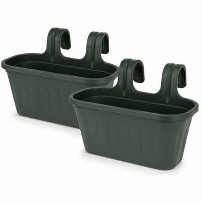 CAMELLIA Hangende Bloempot Set van 2 – 6,5 Liter – Balkon Plantenbak voor Railing of Hek – Kunststof – Groen – 33 x 37 x 25 cm