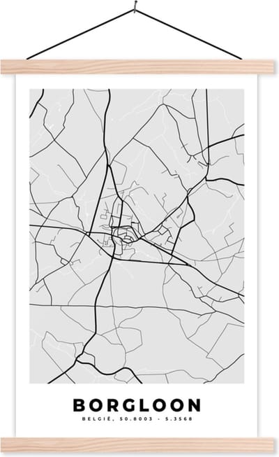 Posterhanger incl. Poster 40x60 cm - Schoolplaat - Stadskaart – Plattegrond – België – Zwart Wit – Borgloon – Kaart - Textielposter - Blanke latten - Stadskaart