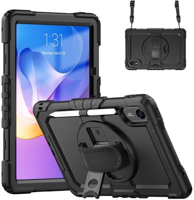 Hoes met ingebouwde Screenprotector Geschikt voor Xiaomi Redmi Pad 2 | Inclusief 360° Draaibare Handriem en Schouderriem | Extreme bescherming | Ideaal voor zakelijk gebruik | Zwart