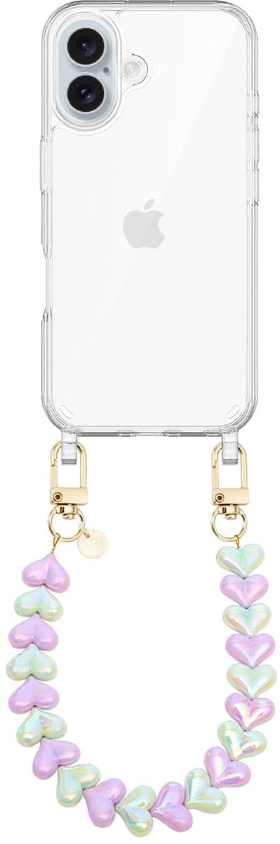 xoxo Wildhearts siliconen hoesje - Geschikt voor iPhone 16 Plus hoesje - Funky Hearts (Purple & Green Metallic) - Telefoonhoesje - Hoesje met koord - Paars en Groen koord - kort telefoonkoord - Hartjes ketting - Transparant hoesje
