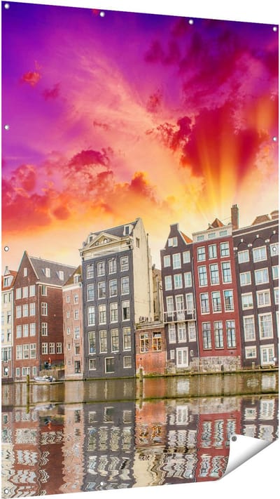 Gards Tuinposter Amsterdamse Huisjes bij het Kanaal - Kleur - 120x180 cm - Tuindoek - Tuindecoratie - Wanddecoratie buiten - Tuinschilderij