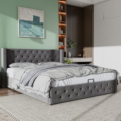 Sweiko Dubbele rij klinknagels Flanel, Knopnaden hoofd en voeteinde, Dubbele bed 180*200 Hydraulische functionele bedbodem is met vuilafstotende zwarte niet-geweven stof, Grijs