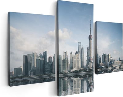 Artaza Canvas Schilderij Drieluik Shanghai Skyline in China - 90x60 - Foto Op Canvas - Canvas Print