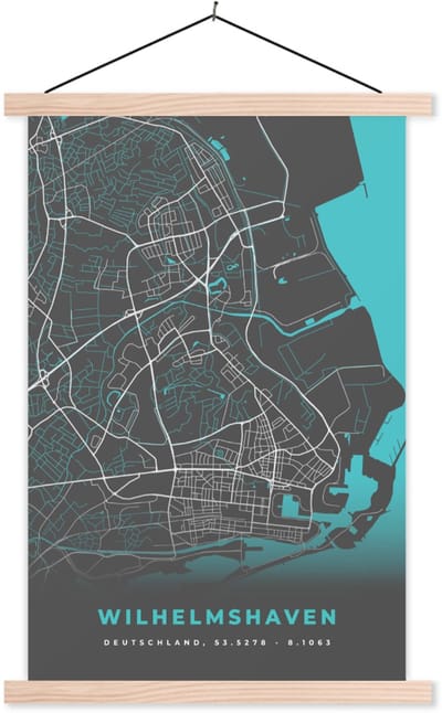 Posterhanger incl. Poster 60x90 cm - Schoolplaat - Blauw – Duitsland – Plattegrond – Stadskaart – Kaart – Wilhelmshaven - Textielposter - Blanke latten - Stadskaart