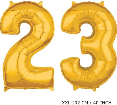 Mega grote XXL gouden folie ballon cijfer 23 jaar. leeftijd verjaardag 23 jaar. 102 cm 40 inch. Met rietje om ballonnen mee op te blazen.