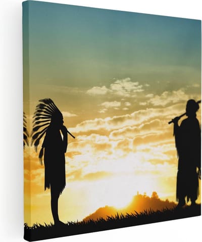 Artaza Canvas Schilderij Zonsondergang - 30x30 cm - Klein - Wanddecoratie Indianen - Muurdecoratie Silhouet - Kamer Accessoires Natuur