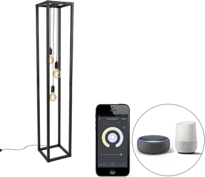 QAZQA big_cage - Design LED Smart Vloerlamp | Staande Lamp incl. wifi - 3 lichts - H 175 cm - Zwart - Industrieel - Woonkamer | Slaapkamer
