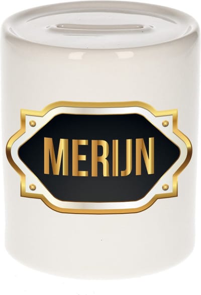 Spaarpot met voornaam Merijn - wit - met goud/zwart embleem - 8 x 9 cm - keramiek - met afsluitdop - cadeau verjaardag