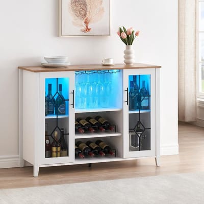 Wijnkast met LED-verlichting - Wijnkast, koffiemeubel in industriële stijl, met opbergruimte en 2 verstelbare planken, wit + mangokleur.