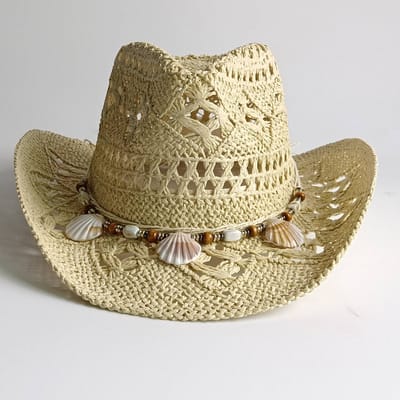 Westerse Cowboy Hoeden Strand Boheemse Strohoed Houten Kralen Uitgesneden Zonnehoed Schelp Dames Heren cowboyhoed M55-58cm brown