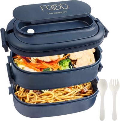 Famanu – Lunchbox Volwassenen: 2-laags Bento Box 1550 ml voor mannen vrouw - 3-vaks lunchbox met bestek - BPA-vrije plastic lunchbox geschikt voor kantoorschool - (blauw)