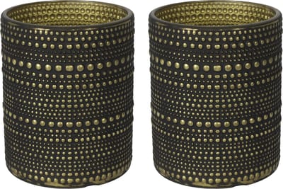 Countryfield Luxe theelichthouder - 2x - Aurora - glas - zwart/goud - D7 x H8 cm