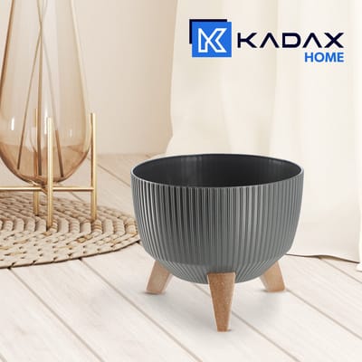 Kadax Bloempot, van kunststof, met drie insteeksteunen, rond, bloemenschaal, plantenbak, bloembak, voor balkon, woonkamer, 24 cm diameter, antraciet