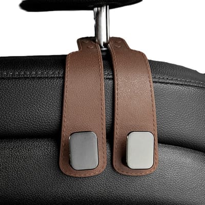 Universele Autostoelhoofdsteunhaak – Verborgen Metalen Haak | Sterke Draagcapaciteit | Bruin – 15,5 × 9 cm