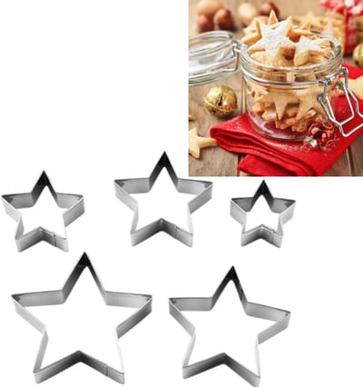 6-delige set - 3D stervormige koekjesvormen - Diverse vormen - Vormpjes voor deeg - Vormpjes voor fondant - 7,7 x 7,5 cm - Voor thuis bakken en het maken van desserts - Zilver