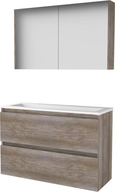 Basic Comfort 39 badmeubelset met spiegelkast, greeploze wastafelonderkast met 2 lades en acryl wastafel met 2 kraangaten 100 x 39 cm, scotch oak