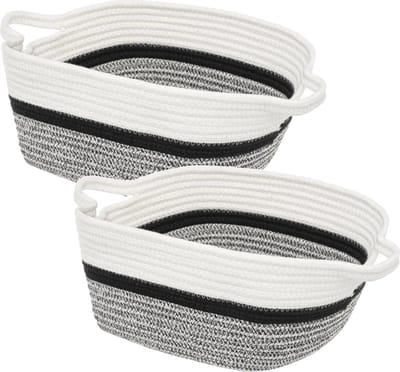 2x Stuks decoratie opbergmand met hengsels 14 liter grijs/zwart/wit 31 x 31 x 15 cm van polyester - Gevlochten manden