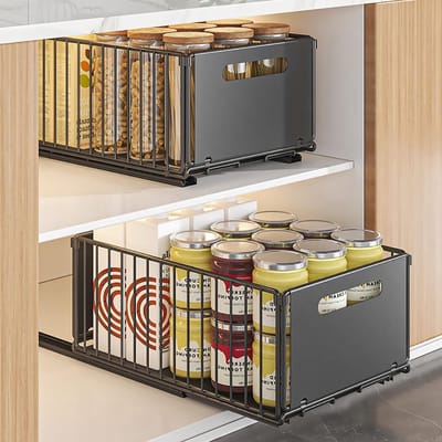 Famanu - Uittrekbare kastorganizer met verschuifbare legplanken, kastorganizer, verschuifbare mand voor keuken, zonder boren of vastnagelen (zwart, 2blokken 38DX25WX19H CM)