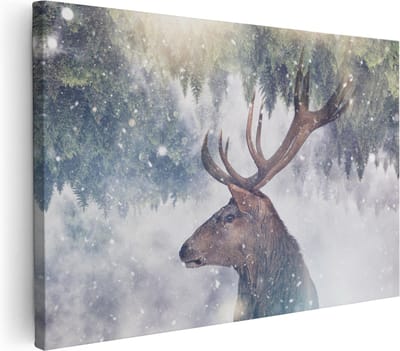 Artaza Canvas Schilderij Hertenkop - 30x20 cm - Klein - Muurdecoratie Gewei - Wanddecoratie Sneeuw Bos - Kamer Accessoires