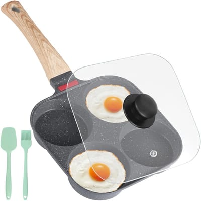 Nonstick Eierpan voor 4 Eieren, Kleine Koekenpan met Deksel en Lange Steel, Ideaal voor Perfect Gekookte Eieren en Omeletten, Inclusief Siliconen Spatel en Borstel
