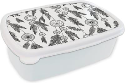 Broodtrommel Wit - Lunchbox - Brooddoos - Droomvanger - Veren - Indiaan - Patronen - 18x12x6 cm - Volwassenen