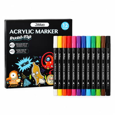 Dubbelzijdige acrylstiften - 12 stuks 12 kleuren - waterbasis en geschikt voor kleur over kleur - brede ronde punt en fijne punt voor tekenen - basisverpakking