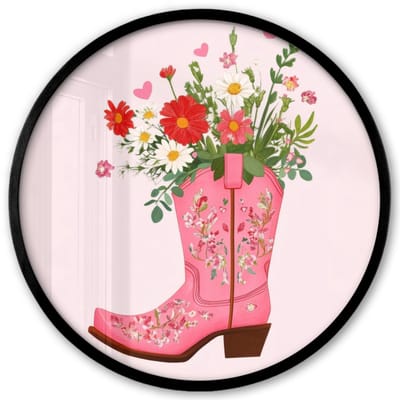 Poster in lijst Rond - Fotolijst 40x40 cm - Posters - Cowboylaarzen - Roze - Boeket - Bloemen - Ronde posterlijst zwart - Decoratie - Wanddecoratie woonkamer - Muurdecoratie slaapkamer
