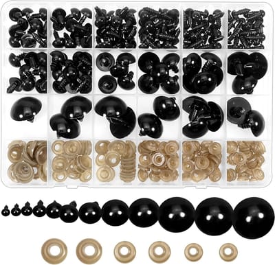 150 Stuks Veiligheidsogen met Wasjes 6 tot 24mm Zwarte Ronde Plastic Ogen voor Poppen, Knuffels en Handwerk