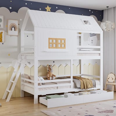 BLACKCOLORS Stapelbed, babybedje, met leuke raampjes en dak, stabiele lattenbodem en ladder, met twee grote lades. Dennenhout + MDF + multiplex, wit + naturel, 90 x 200 cm
